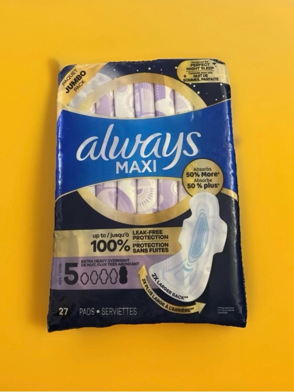 Always Maxi Overnight Pads with Wings, Size 5 Pads, 27 Count